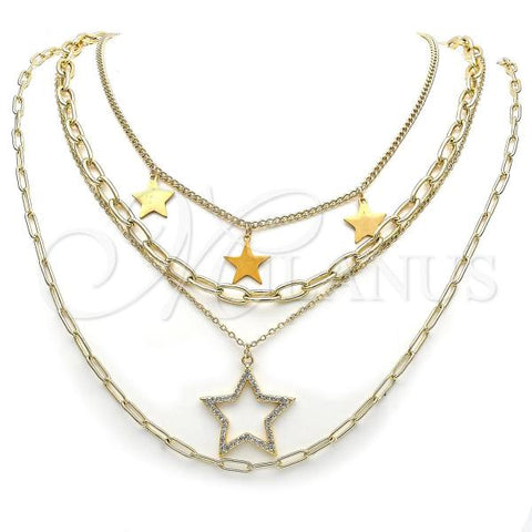 Stainless Steel Fancy Necklace, Star and Paperclip Design, with White Micro Pave, Polished, Golden Finish, 04.437.0006.16