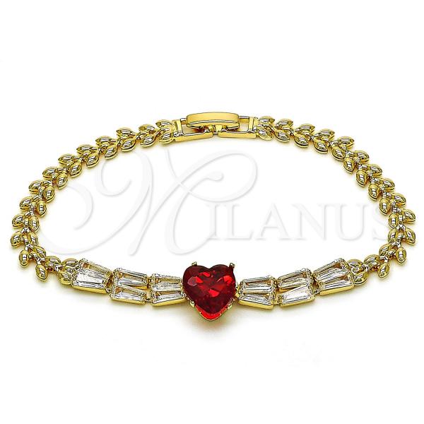 Oro Laminado Fancy Bracelet, Gold Filled Style Heart and Baguette Design, with Garnet and White Cubic Zirconia, Polished, Golden Finish, 03.283.0304.3.07