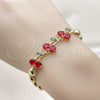 Oro Laminado Fancy Bracelet, Gold Filled Style Cherry and Ball Design, with Garnet and Green Cubic Zirconia, Polished, Golden Finish, 03.283.0485.07