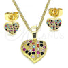 Oro Laminado Earring and Pendant Adult Set, Gold Filled Style Heart Design, with Multicolor Micro Pave, Polished, Golden Finish, 10.233.0045.2