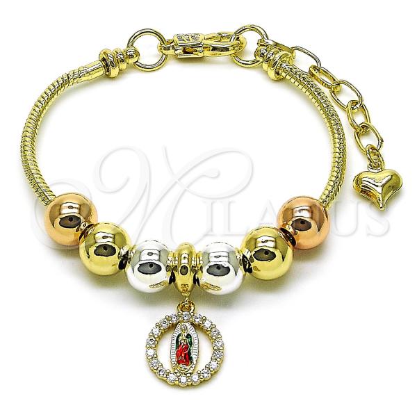 Oro Laminado Fancy Bracelet, Gold Filled Style Guadalupe and Rat Tail Design, with White Cubic Zirconia, Polished, Tricolor, 03.411.0065.07