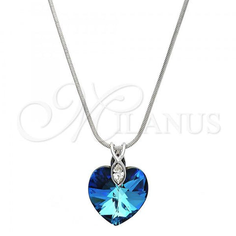 Rhodium Plated Pendant Necklace, Heart and Rat Tail Design, with Bermuda Blue Swarovski Crystals and White Crystal, Polished, Rhodium Finish, 04.239.0018.16