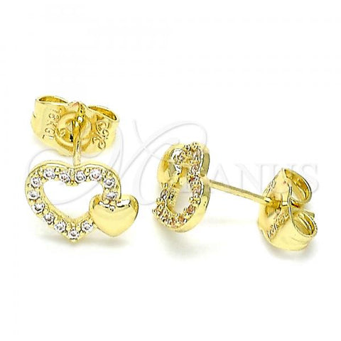 Oro Laminado Stud Earring, Gold Filled Style Heart Design, with White Micro Pave, Polished, Golden Finish, 02.199.0031