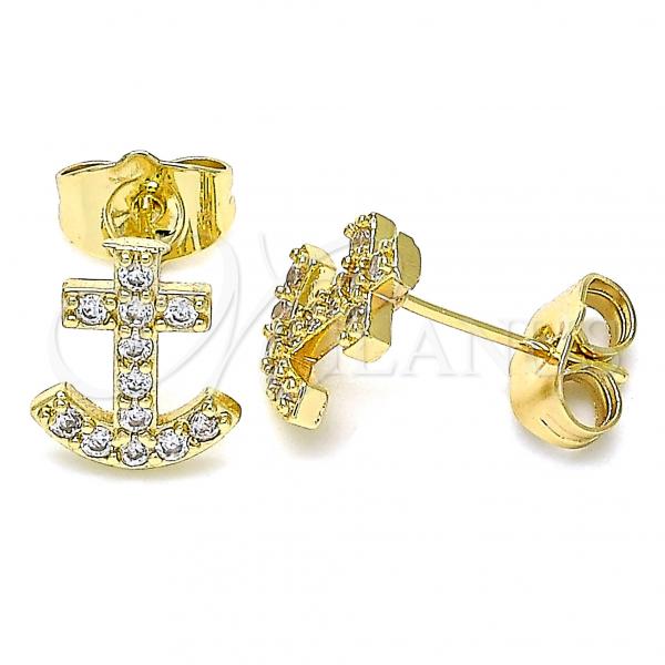 Oro Laminado Stud Earring, Gold Filled Style Anchor Design, with White Micro Pave, Polished, Golden Finish, 02.210.0410