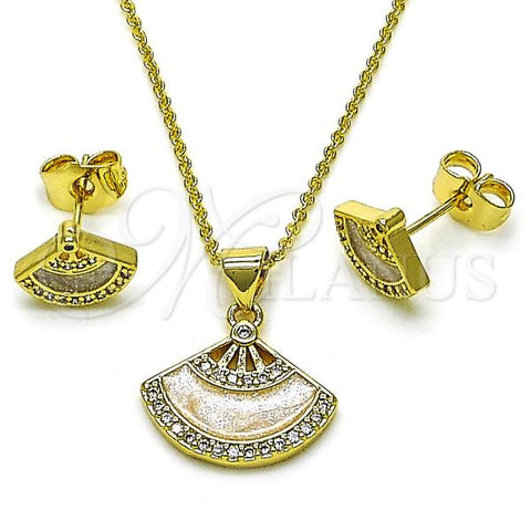 Oro Laminado Earring and Pendant Adult Set, Gold Filled Style Rolo Design, with White Micro Pave and White Cubic Zirconia, White Enamel Finish, Golden Finish, 10.156.0505