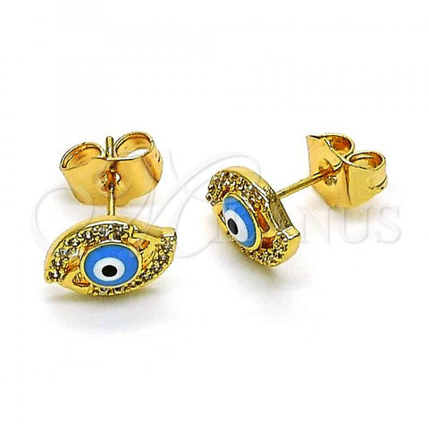 Oro Laminado Stud Earring, Gold Filled Style Evil Eye Design, with White Micro Pave, Light Blue Enamel Finish, Golden Finish, 02.310.0099