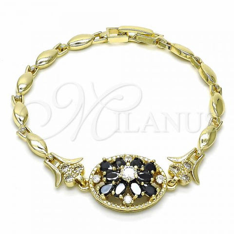 Oro Laminado Fancy Bracelet, Gold Filled Style Flower Design, with Black and White Cubic Zirconia, Polished, Golden Finish, 03.316.0076.07