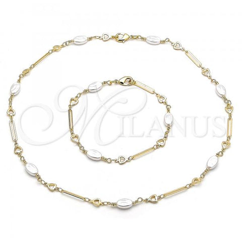 Oro Laminado Necklace and Bracelet, Gold Filled Style Heart and Love Knot Design, with Ivory Pearl, Polished, Golden Finish, 06.386.0003