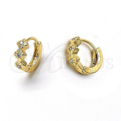 Oro Laminado Huggie Hoop, Gold Filled Style Flower Design, with White Cubic Zirconia, Polished, Golden Finish, 02.165.0015