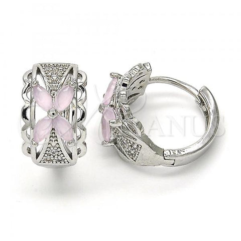 Rhodium Plated Huggie Hoop, Flower Design, with Pink and White Cubic Zirconia, Polished, Rhodium Finish, 02.210.0087.12.15