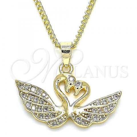Oro Laminado Pendant Necklace, Gold Filled Style Swan Design, with White Micro Pave, Polished, Golden Finish, 04.344.0017.20