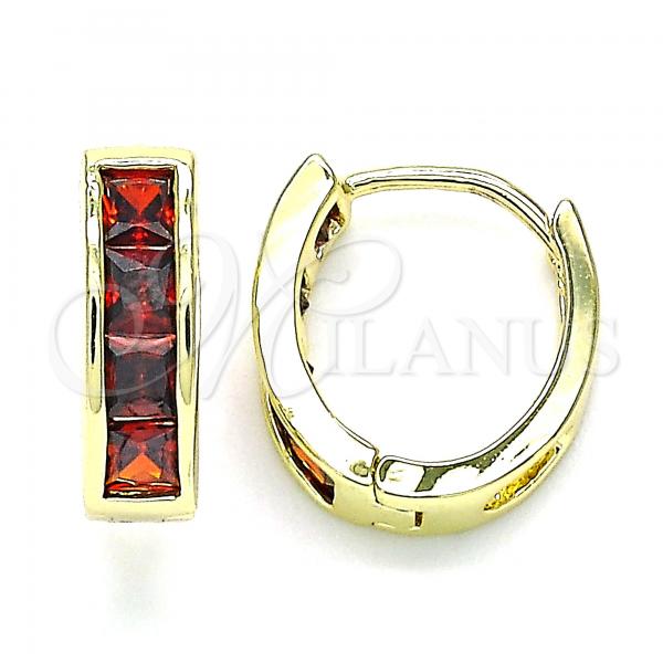 Oro Laminado Huggie Hoop, Gold Filled Style with Garnet Micro Pave, Polished, Golden Finish, 02.316.0068.1.15