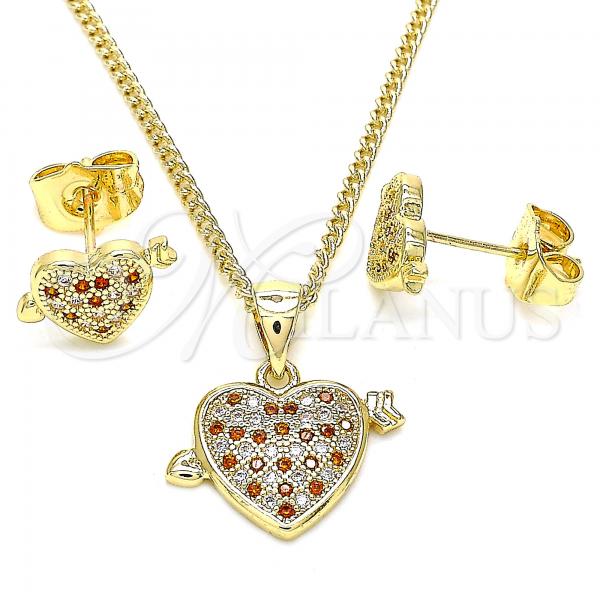 Oro Laminado Earring and Pendant Adult Set, Gold Filled Style Heart Design, with Garnet and White Micro Pave, Polished, Golden Finish, 10.156.0290.1
