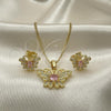 Oro Laminado Earring and Pendant Adult Set, Gold Filled Style Butterfly Design, with Pink Cubic Zirconia and White Micro Pave, Polished, Golden Finish, 10.210.0128.4
