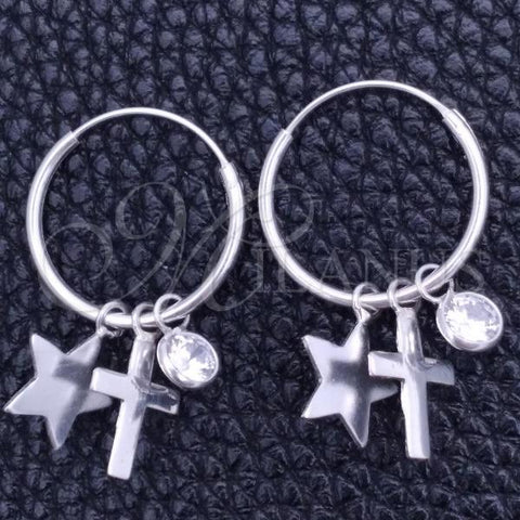Sterling Silver Small Hoop, Cross and Star Design, with White Cubic Zirconia, Polished, Silver Finish, 02.401.0050.15