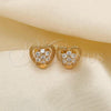 Oro Laminado Stud Earring, Gold Filled Style Heart and Flower Design, with White Cubic Zirconia, Polished, Golden Finish, 02.387.0080