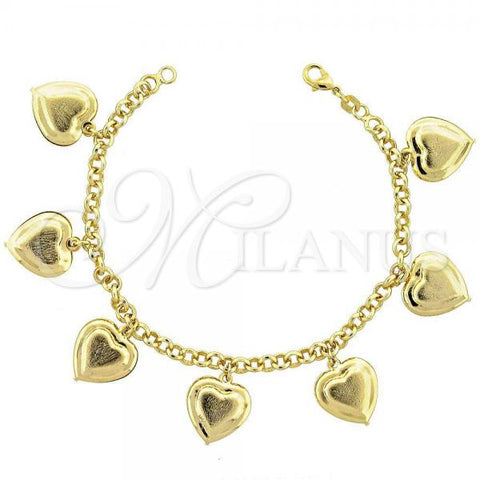 Oro Laminado Charm Bracelet, Gold Filled Style Heart and Rolo Design, Matte Finish, Golden Finish, 031.004.07