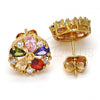 Oro Laminado Stud Earring, Gold Filled Style Flower Design, with Multicolor Cubic Zirconia, Polished, Golden Finish, 02.210.0040.1