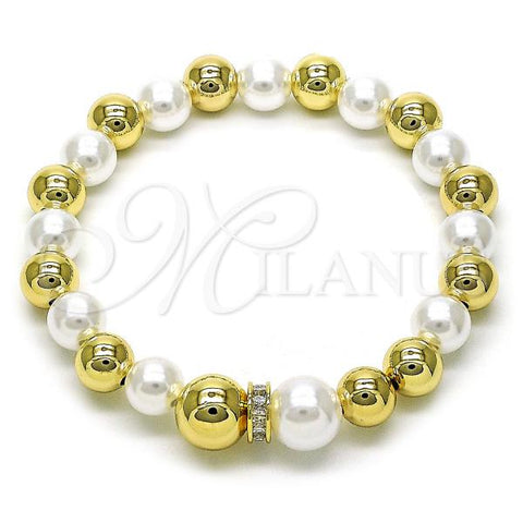 Oro Laminado Fancy Bracelet, Gold Filled Style Ball and Expandable Bead Design, with Ivory Pearl and White Cubic Zirconia, Polished, Golden Finish, 03.213.0285.07