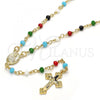 Oro Laminado Thin Rosary, Gold Filled Style Caridad del Cobre and Crucifix Design, with Multicolor Azavache, Polished, Golden Finish, 09.63.0111.18