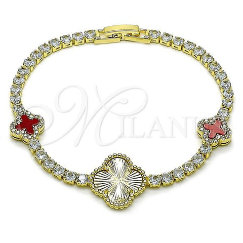 Oro Laminado Fancy Bracelet, Gold Filled Style Four-leaf Clover Design, with White Cubic Zirconia and White Micro Pave, Diamond Cutting Finish, Golden Finish, 03.284.0054.1.07