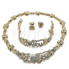 Oro Laminado Necklace, Bracelet and Earring, Gold Filled Style Hugs and Kisses and Teddy Bear Design, with White Crystal, Polished, Golden Finish, 06.372.0002