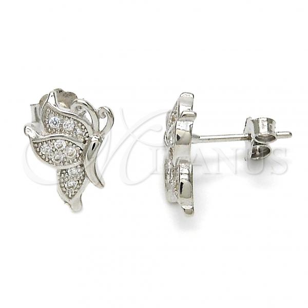 Sterling Silver Stud Earring, Butterfly Design, with White Micro Pave, Polished, Rhodium Finish, 02.175.0059