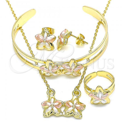Oro Laminado Necklace, Bracelet, Earring and Ring, Gold Filled Style Flower Design, Polished, Tricolor, 06.361.0035