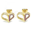 Oro Laminado Stud Earring, Gold Filled Style Heart Design, with Ruby Micro Pave, Polished, Golden Finish, 02.156.0457.1