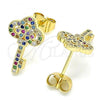 Oro Laminado Stud Earring, Gold Filled Style key Design, with Multicolor Micro Pave, Polished, Golden Finish, 02.344.0062.2