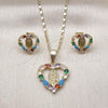 Oro Laminado Earring and Pendant Adult Set, Gold Filled Style Heart and Guadalupe Design, with Multicolor Cubic Zirconia, Polished, Golden Finish, 10.411.0010.1