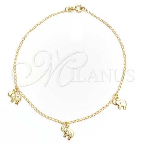 Oro Laminado Charm Anklet , Gold Filled Style Elephant and Curb Design, Polished, Golden Finish, 03.02.0059.10
