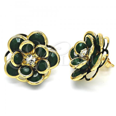 Oro Laminado Stud Earring, Gold Filled Style Flower Design, with Green and White Crystal, Polished, Golden Finish, 02.64.0641.3