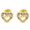 Oro Laminado Stud Earring, Gold Filled Style Heart and Love Design, with Garnet and White Micro Pave, Polished, Golden Finish, 02.156.0389.1