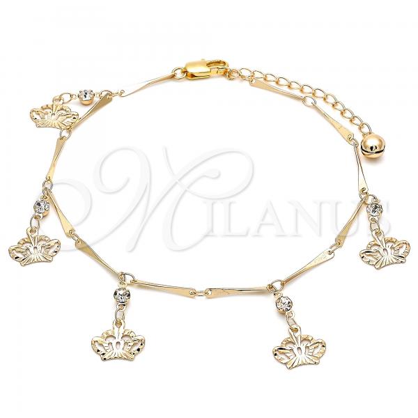 Oro Laminado Charm Anklet , Gold Filled Style Crown and Rattle Charm Design, with White Crystal, Polished, Golden Finish, 03.213.0115.10