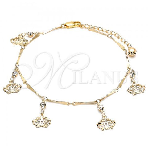 Oro Laminado Charm Anklet , Gold Filled Style Crown and Rattle Charm Design, with White Crystal, Polished, Golden Finish, 03.213.0115.10