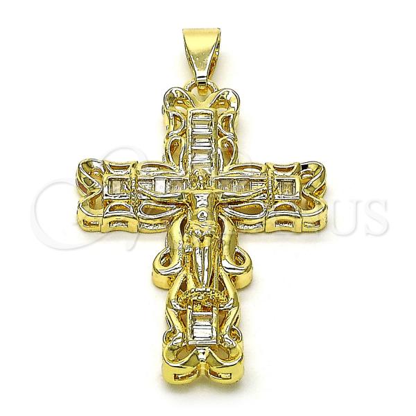 Oro Laminado Religious Pendant, Gold Filled Style Crucifix and Baguette Design, with White Cubic Zirconia, Polished, Golden Finish, 05.253.0180