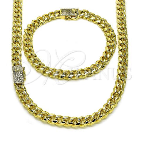 Oro Laminado Necklace and Bracelet, Gold Filled Style Miami Cuban Design, with White Micro Pave, Polished, Golden Finish, 06.213.0027