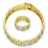 Oro Laminado Set Bangle, Gold Filled Style Greek Key and Flower Design, Diamond Cutting Finish, Two Tone, 13.99.0003.05.09 (09 MM Thickness, Size 9)