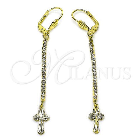Oro Laminado Long Earring, Gold Filled Style Cross Design, with White Cubic Zirconia, Golden Finish, 5.084.015