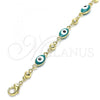Oro Laminado Fancy Bracelet, Gold Filled Style Evil Eye Design, Green Enamel Finish, Golden Finish, 03.213.0033.5.08