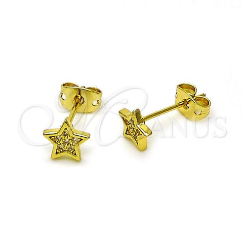 Oro Laminado Stud Earring, Gold Filled Style Star Design, with White Micro Pave, Polished, Golden Finish, 02.341.0223