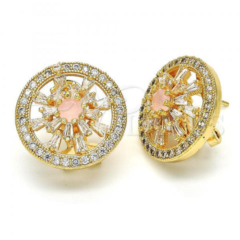 Oro Laminado Stud Earring, Gold Filled Style Flower Design, with Pink and White Cubic Zirconia, Polished, Golden Finish, 02.217.0080.6