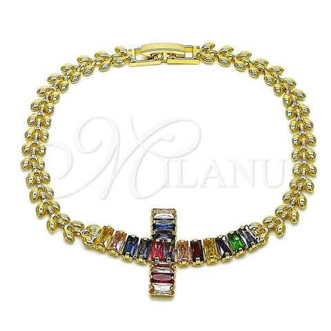 Oro Laminado Fancy Bracelet, Gold Filled Style Cross and Baguette Design, with Multicolor Cubic Zirconia, Polished, Golden Finish, 03.424.0006.3.08