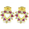 Oro Laminado Stud Earring, Gold Filled Style Heart Design, with Garnet and White Micro Pave, Polished, Golden Finish, 02.233.0024.2