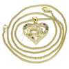 Oro Laminado Pendant Necklace, Gold Filled Style Heart and Hand Design, with Multicolor Micro Pave, Polished, Golden Finish, 04.156.0337.3.20