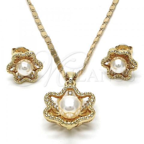 Oro Laminado Earring and Pendant Adult Set, Gold Filled Style Flower and Ball Design, with Ivory Pearl and White Crystal, Polished, Golden Finish, 10.156.0085