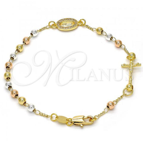 Oro Laminado Bracelet Rosary, Gold Filled Style Crucifix and Guadalupe Design, with White Micro Pave, Polished, Tricolor, 03.253.0001.07