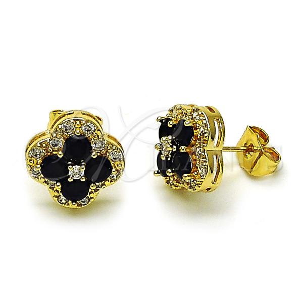 Oro Laminado Stud Earring, Gold Filled Style Four-leaf Clover Design, with Black and White Cubic Zirconia, Polished, Golden Finish, 02.283.0179