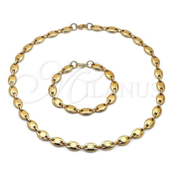 Stainless Steel Necklace and Bracelet, Puff Mariner Design, Polished, Golden Finish, 06.116.0021.2